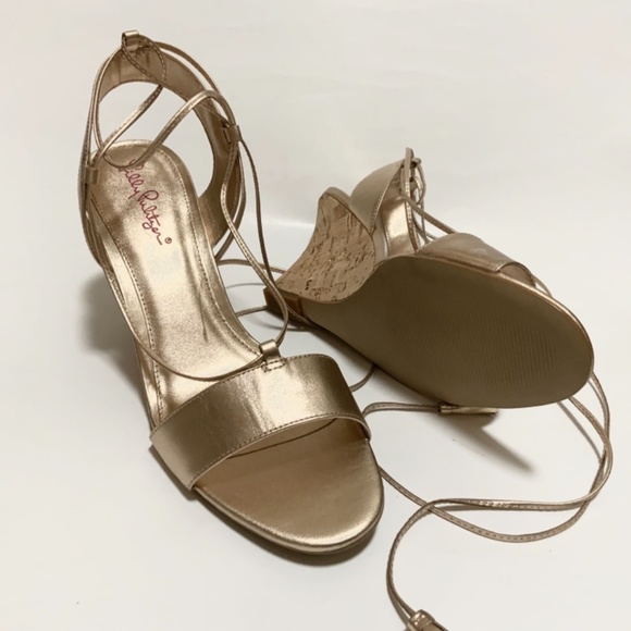 Lilly Pulitzer Aria Cork Wedge Heel Gold Leather Pump Sandal Lace Up Dress Shoes - Picture 8 of 12
